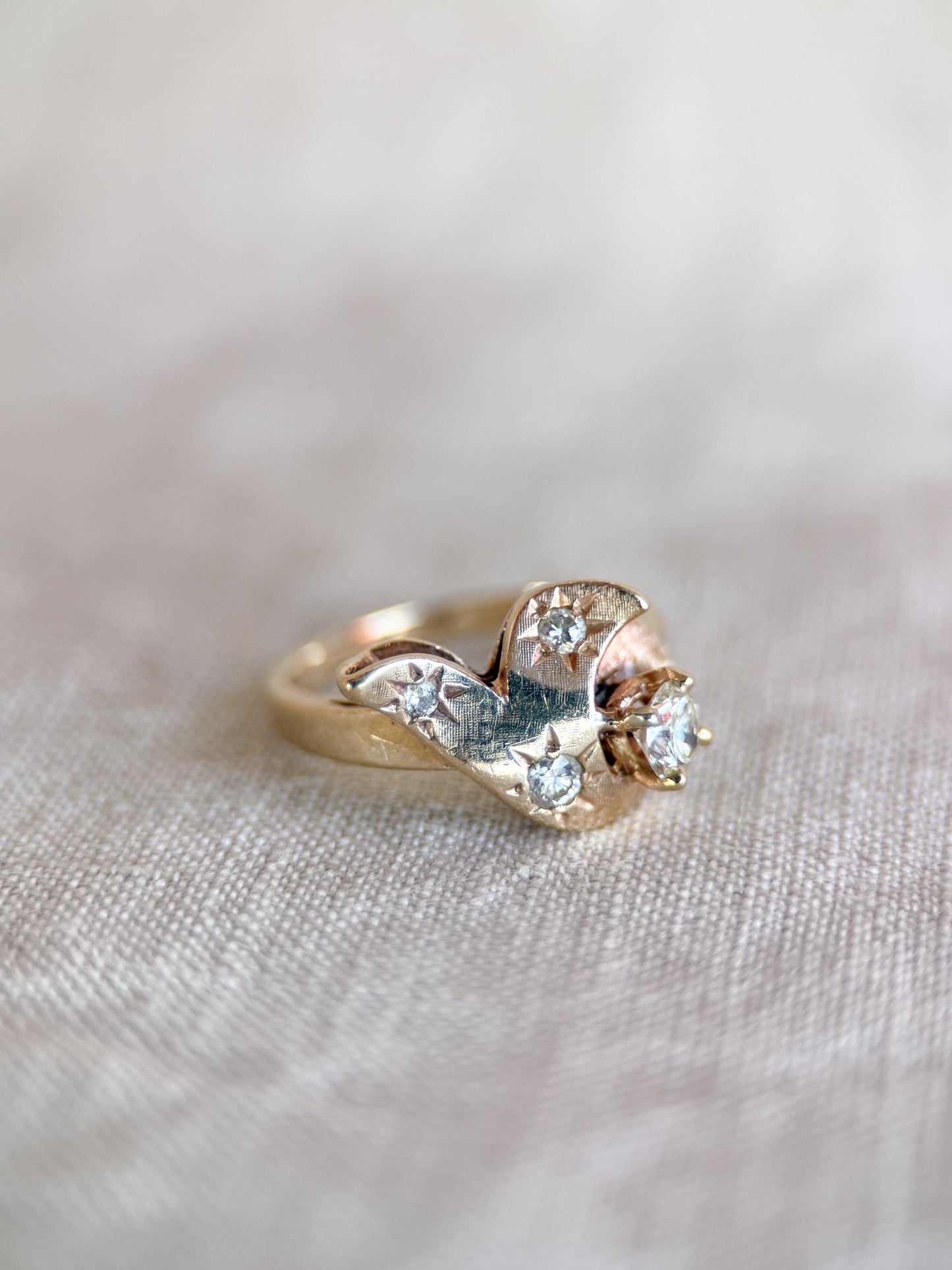 Vintage Diamond Engagement Ring, Round Cut, 14k Gold, 1960s Art Nouveau Bridal Ring