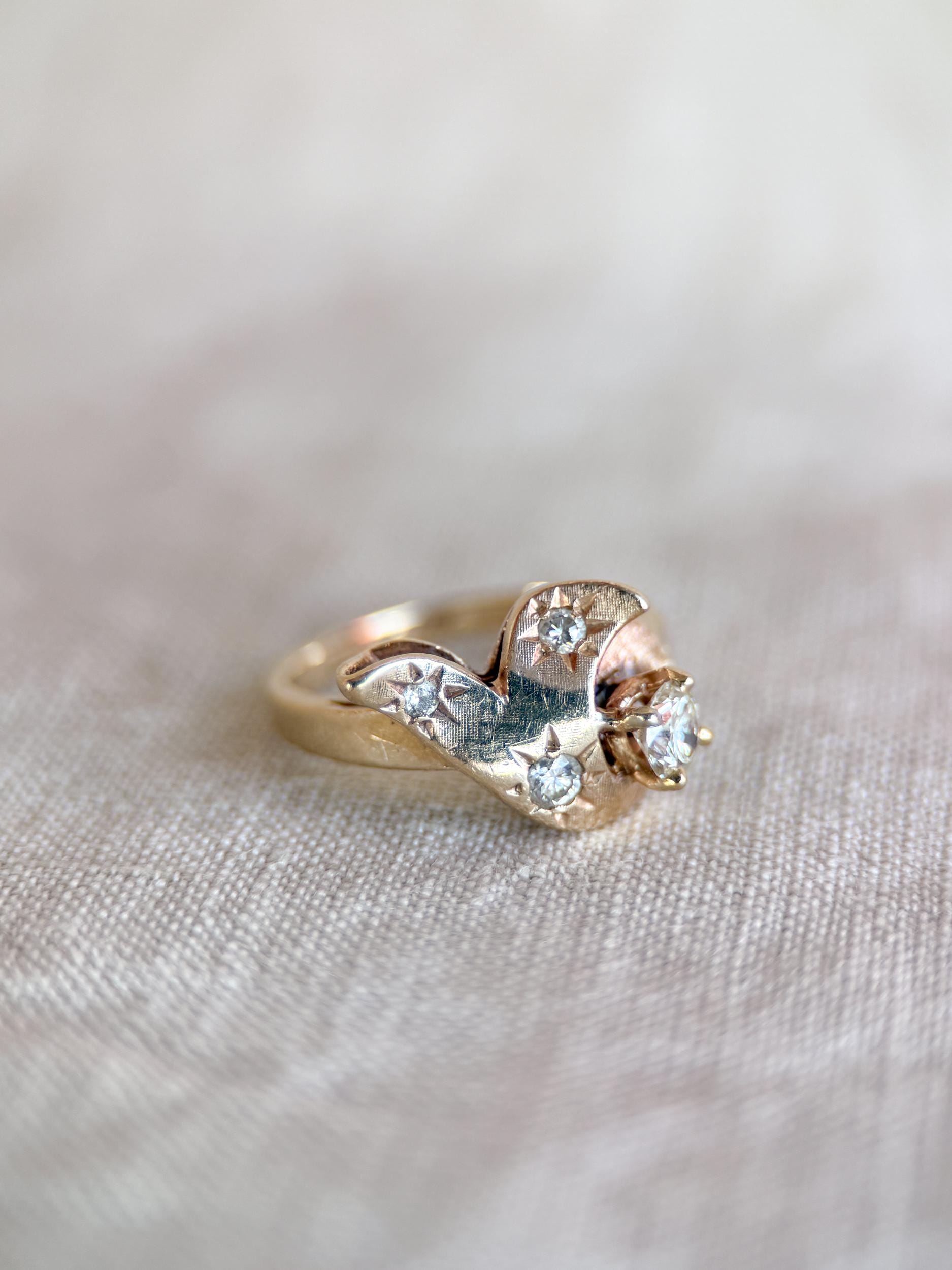 Vintage Diamond Engagement Ring, Round Cut, 14k Gold, 1960s Art Nouveau Bridal Ring