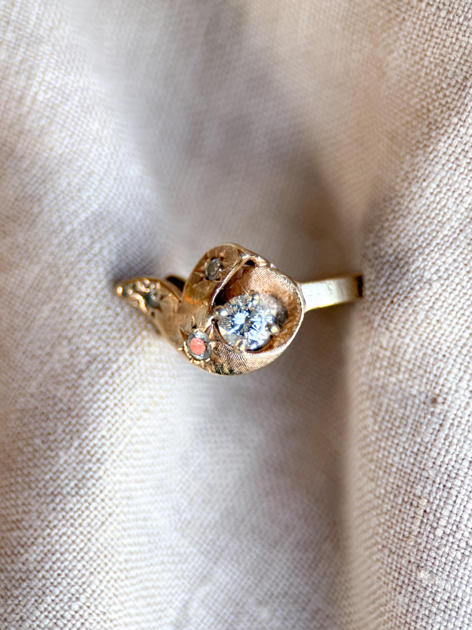 Vintage Diamond Engagement Ring, Round Cut, 14k Gold, 1960s Art Nouveau Bridal Ring