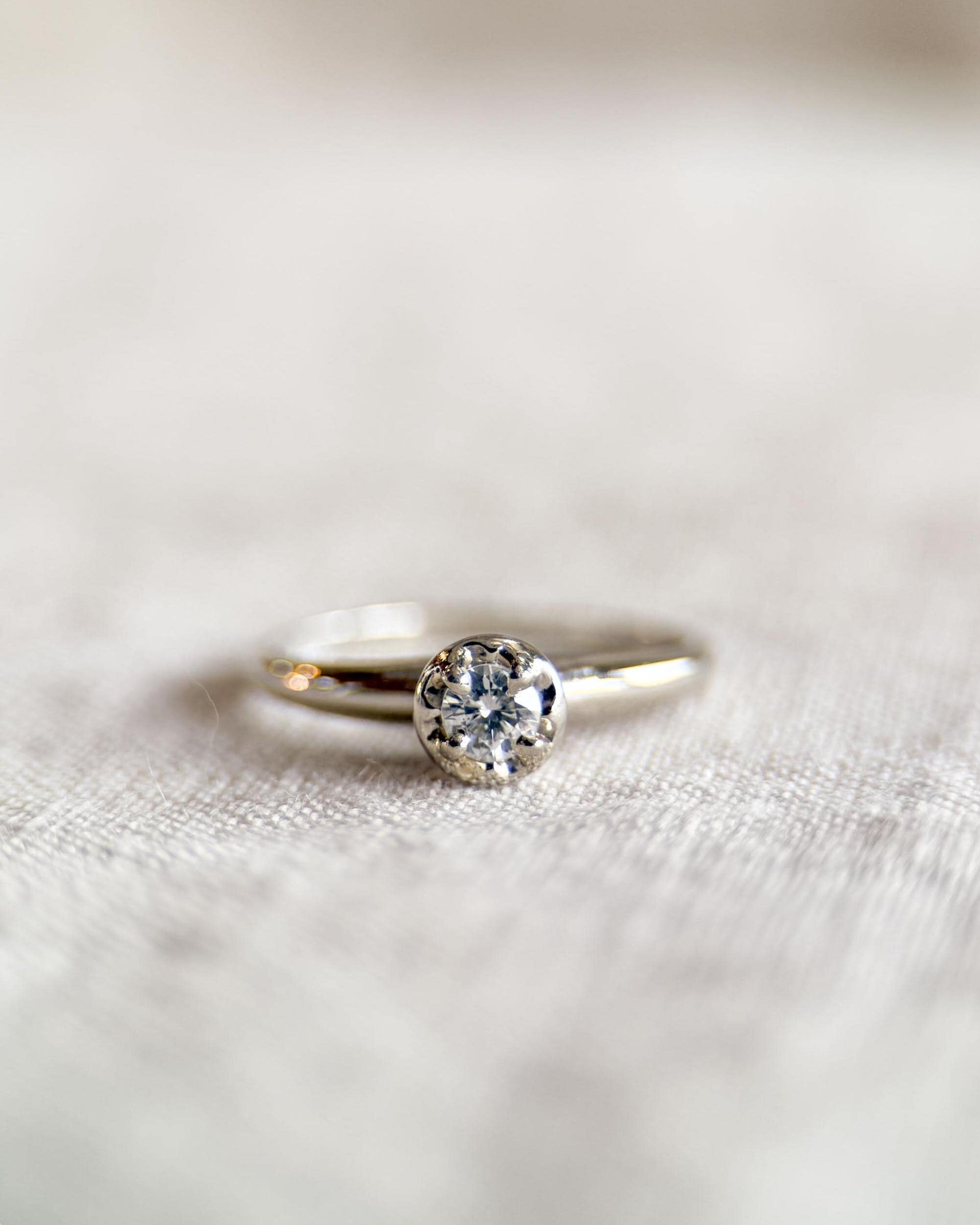 Vintage Diamond Engagement Ring, Round Cut, 14k White Gold, 1950s Art Deco Solitaire