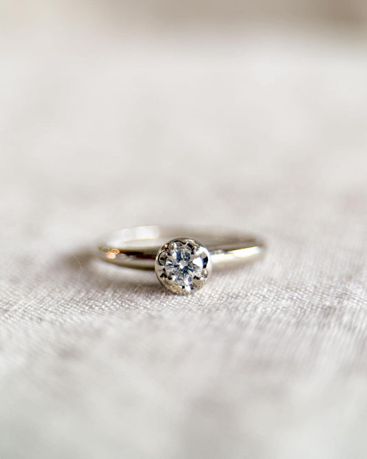 Vintage Diamond Engagement Ring, Round Cut, 14k White Gold, 1950s Art Deco Solitaire
