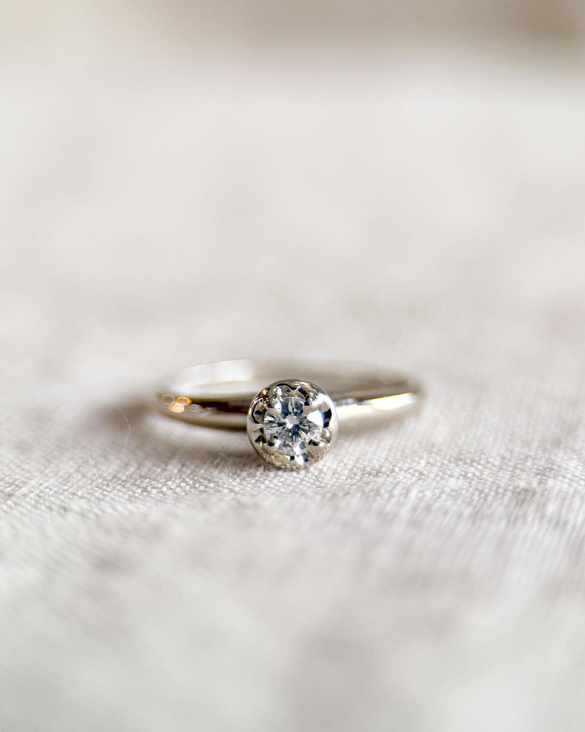 Vintage Diamond Engagement Ring, Round Cut, 14k White Gold, 1950s Art Deco Solitaire