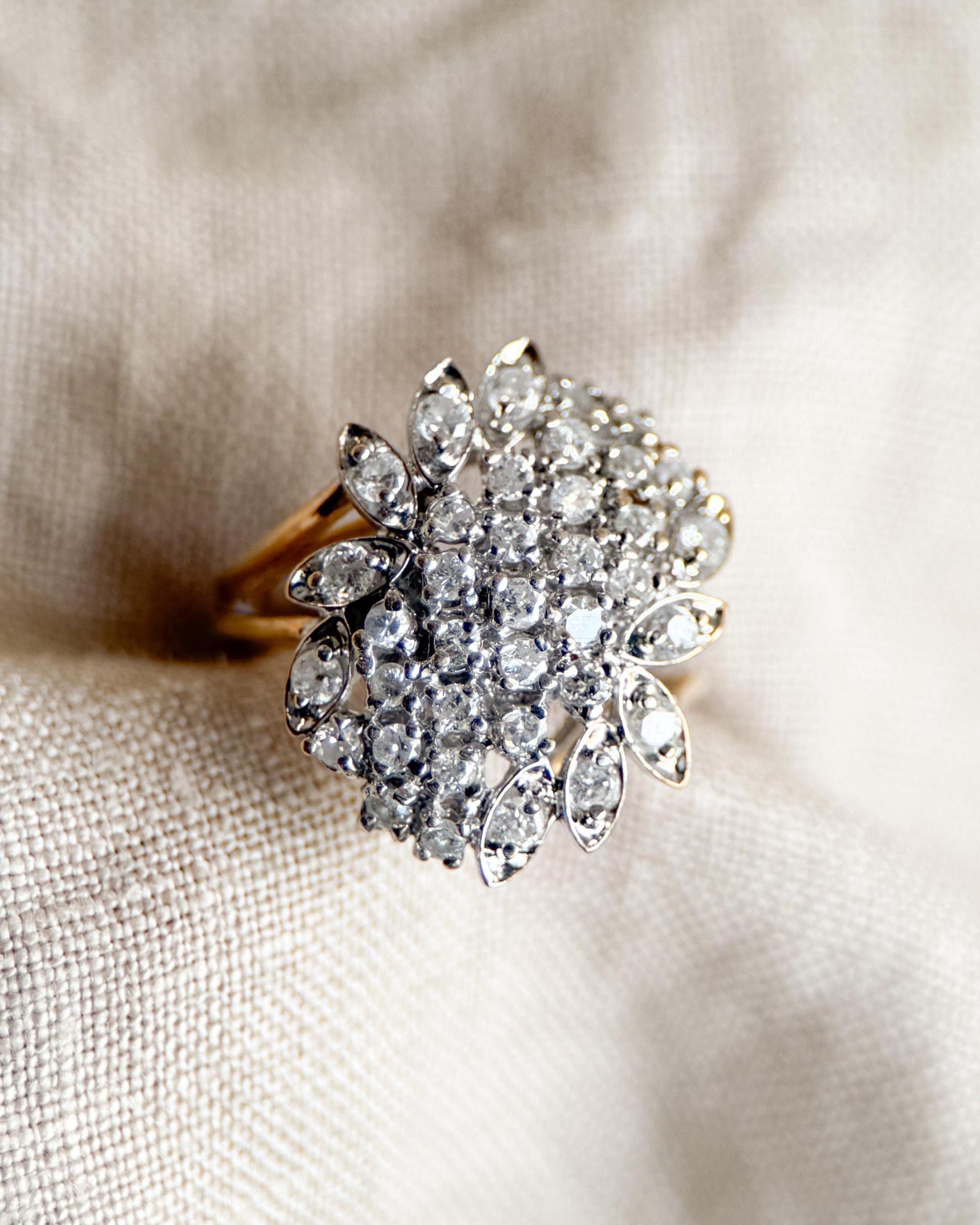Vintage Diamond Engagement Ring, Round Cut, 14k Gold, 1990s Floral Cluster Ring