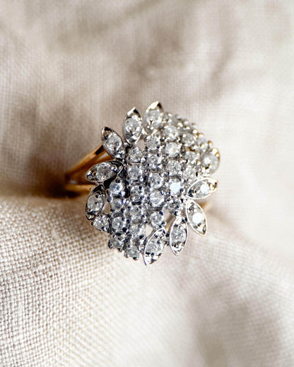 Vintage Diamond Engagement Ring, Round Cut, 14k Gold, 1990s Floral Cluster Ring