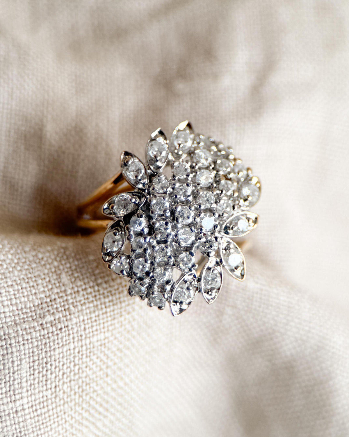 Vintage Diamond Engagement Ring, Round Cut, 14k Gold, 1990s Floral Cluster Ring