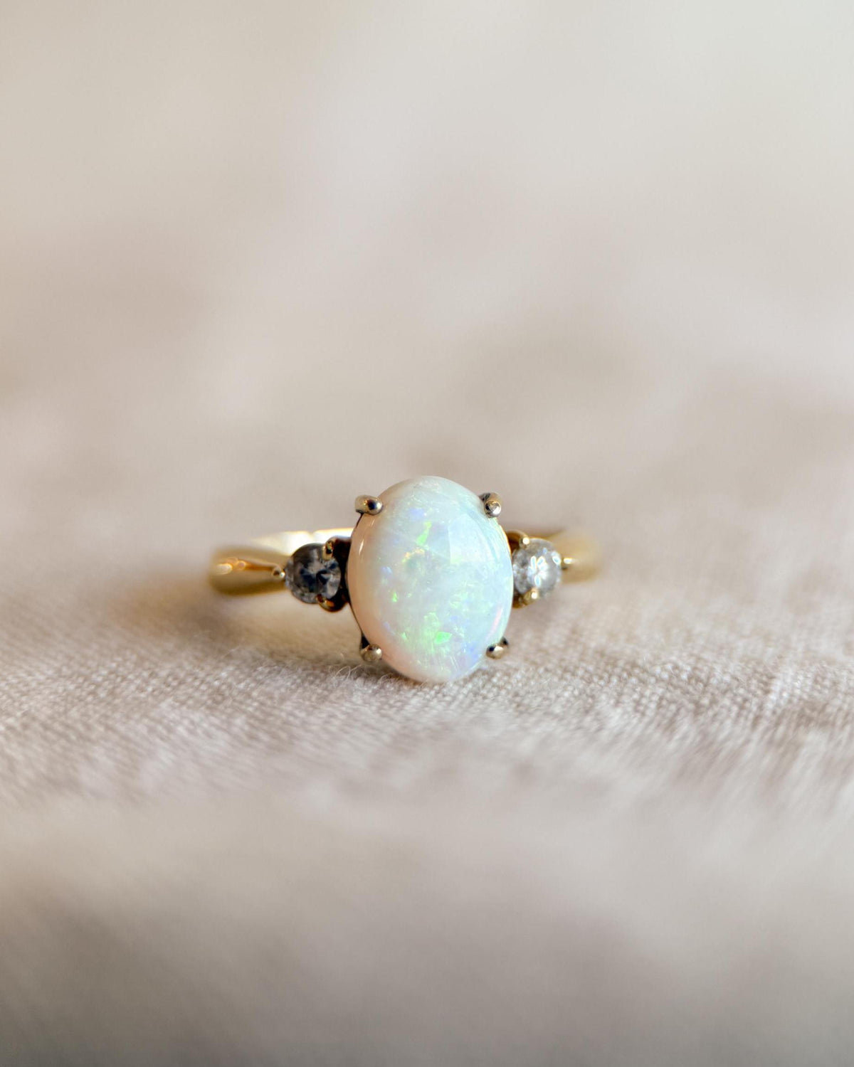 Vintage Opal Ring, 14k Gold, Oval Three Stone Statement Ring, Bold Gemstone Jewelry