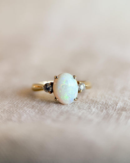 Vintage Opal Ring, 14k Gold, Oval Three Stone Statement Ring, Bold Gemstone Jewelry