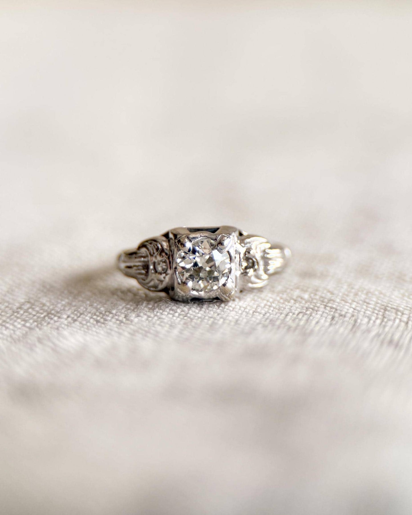 Antique Diamond Engagement Ring, Old Mine Cut, 14k White Gold, 1900s Art Deco Bridal