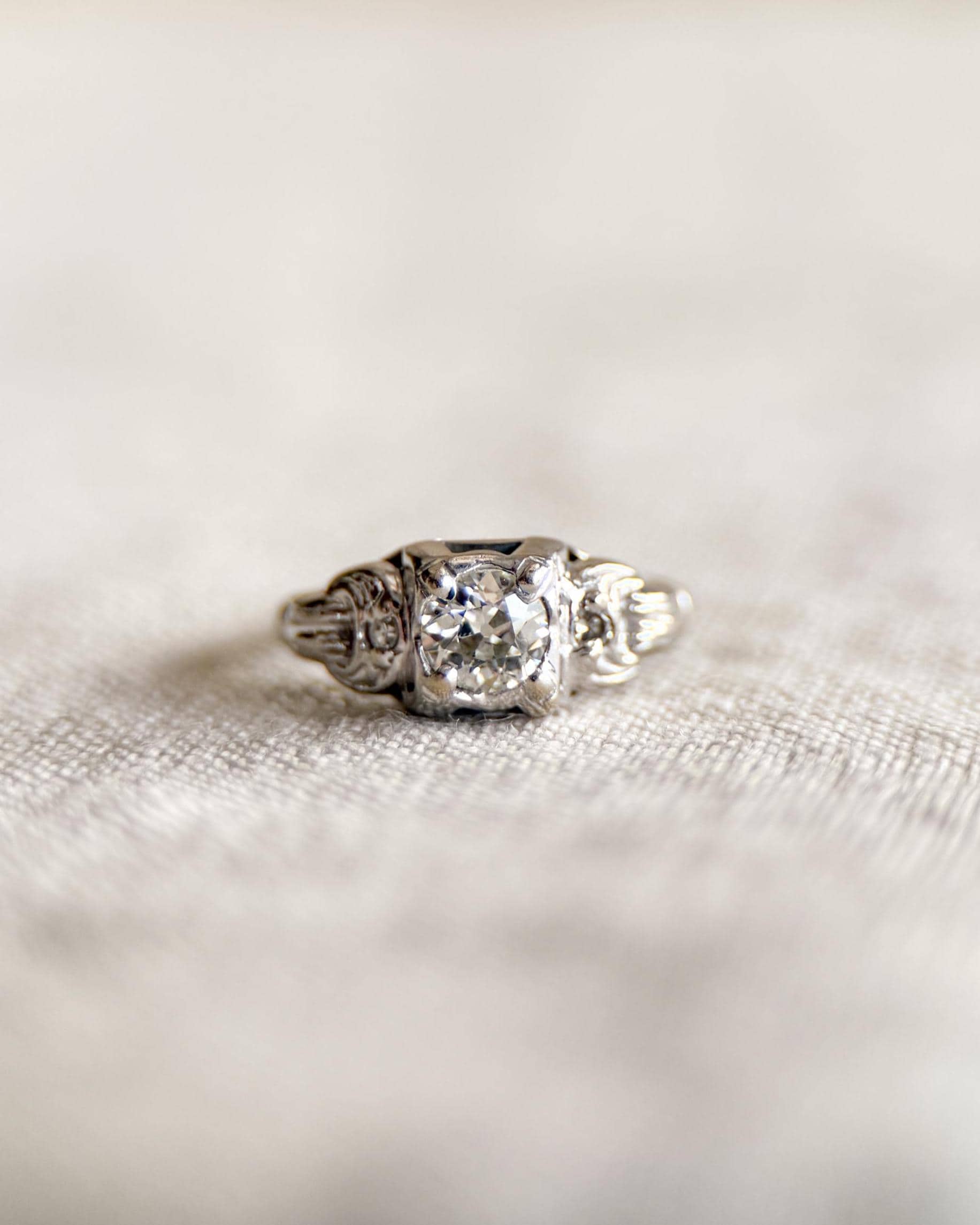 Antique Diamond Engagement Ring, Old Mine Cut, 14k White Gold, 1900s Art Deco Bridal