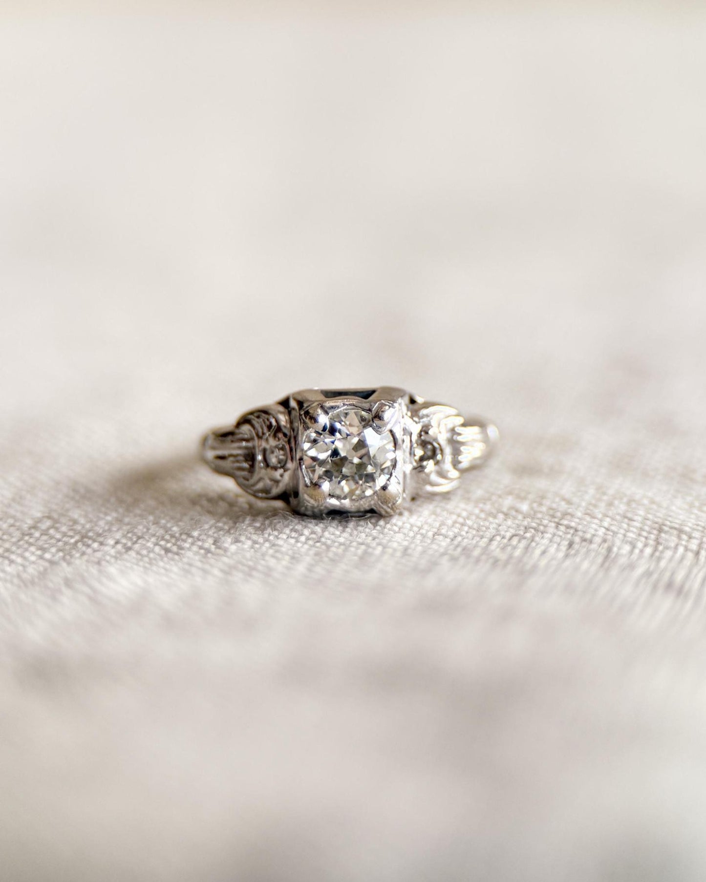 Antique Diamond Engagement Ring, Old Mine Cut, 14k White Gold, 1900s Art Deco Bridal