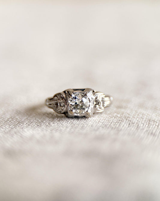 Antique Diamond Engagement Ring, Old Mine Cut, 14k White Gold, 1900s Art Deco Bridal