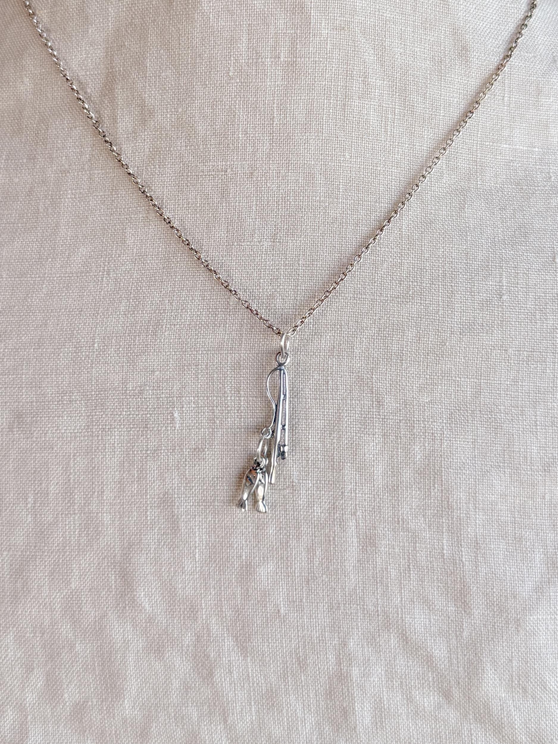 Sterling Silver Fishing Pole Charm Necklace, Fishing Minimal Layering Jewelry, Gift for Her