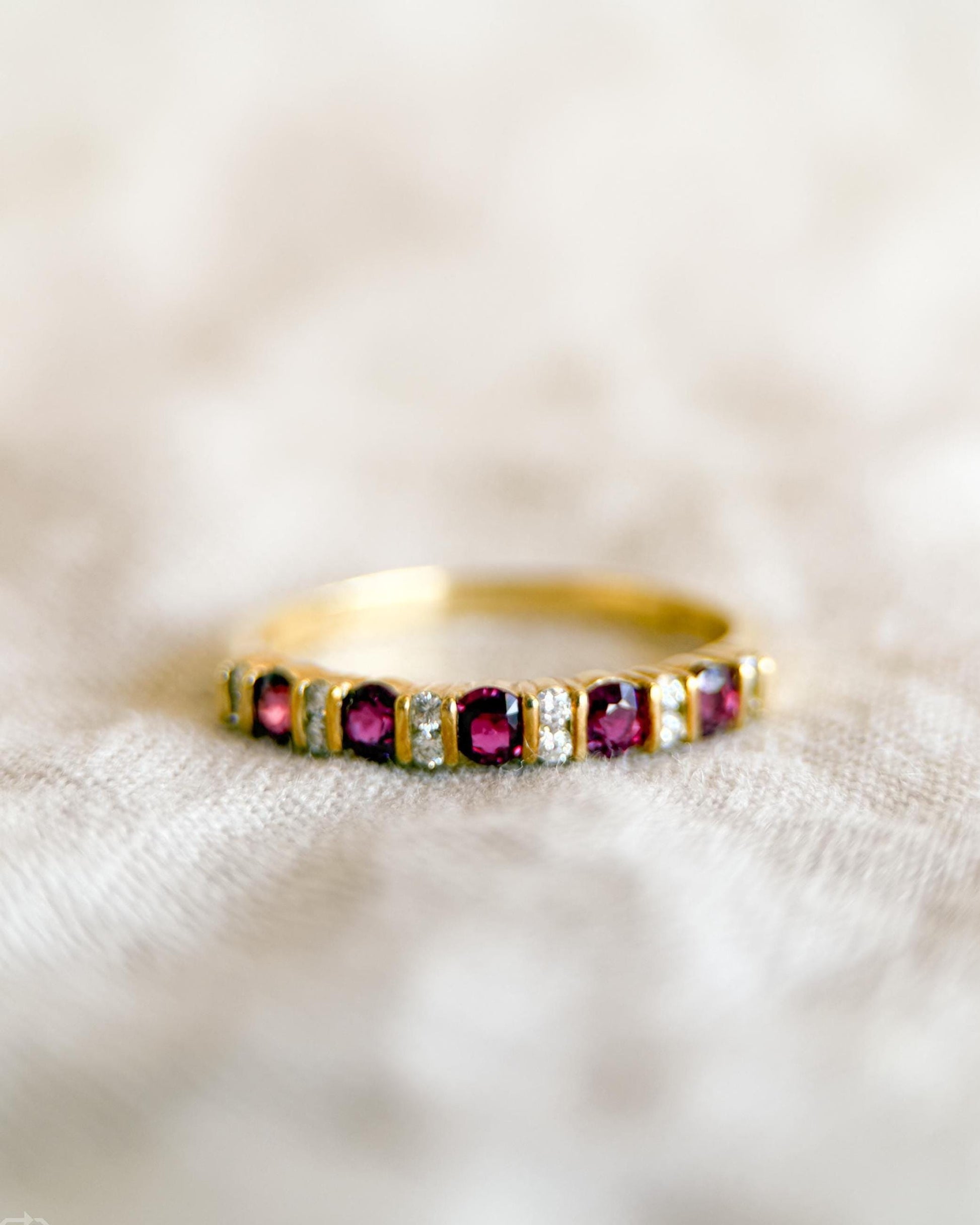 Vintage Ruby and Diamond Wedding Band 18k Gold, Prong Set Anniversary Ring, Stacking Band