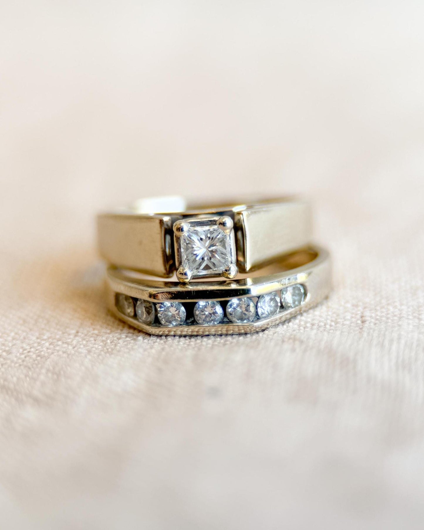 Vintage Diamond Engagement & Wedding Rings, Princess Cut, 14k White Gold, Channel Band, Bridal Set
