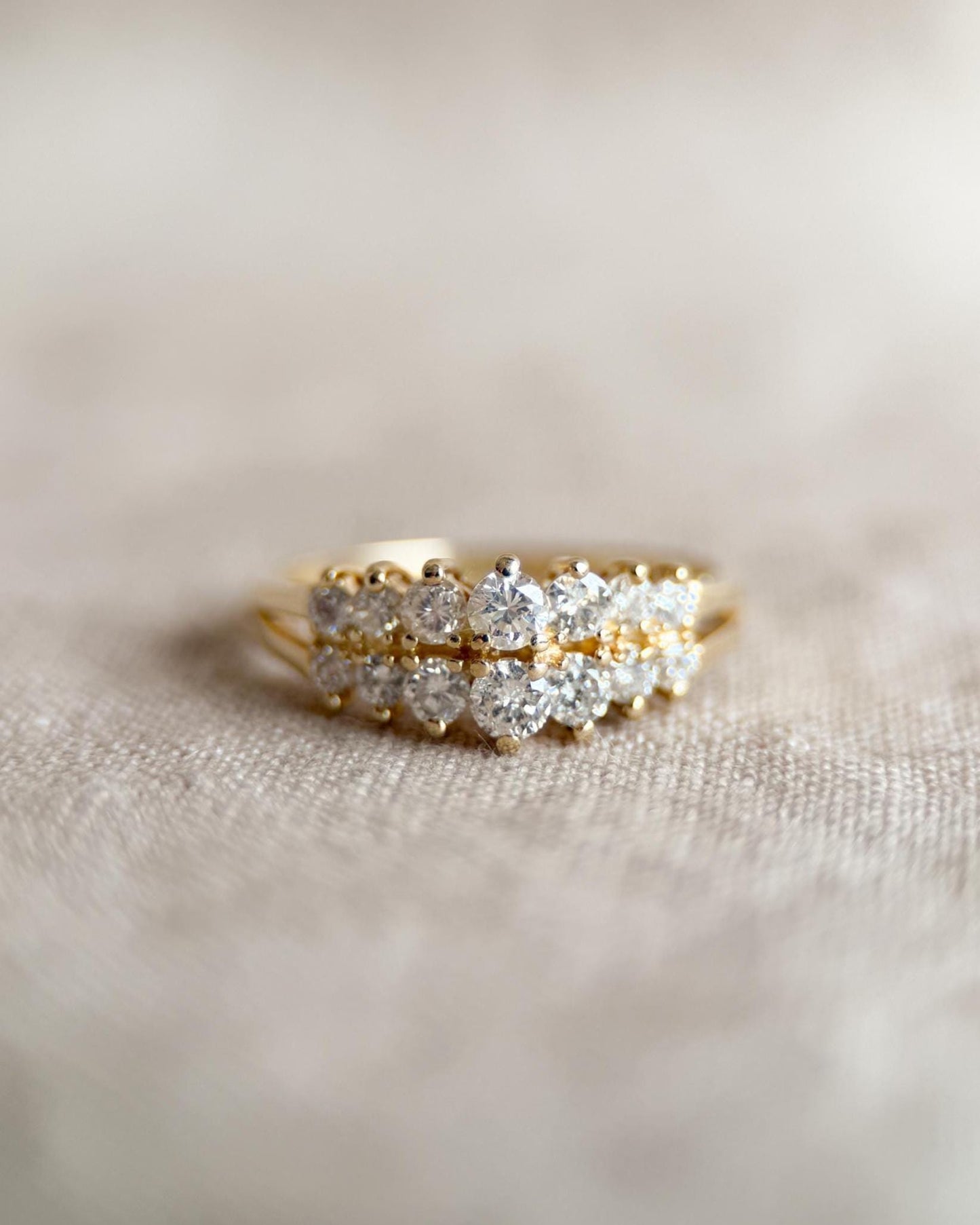 Vintage Diamond Wedding Band, 14k Gold, Round Cut Prong Set, Double Row Anniversary Ring