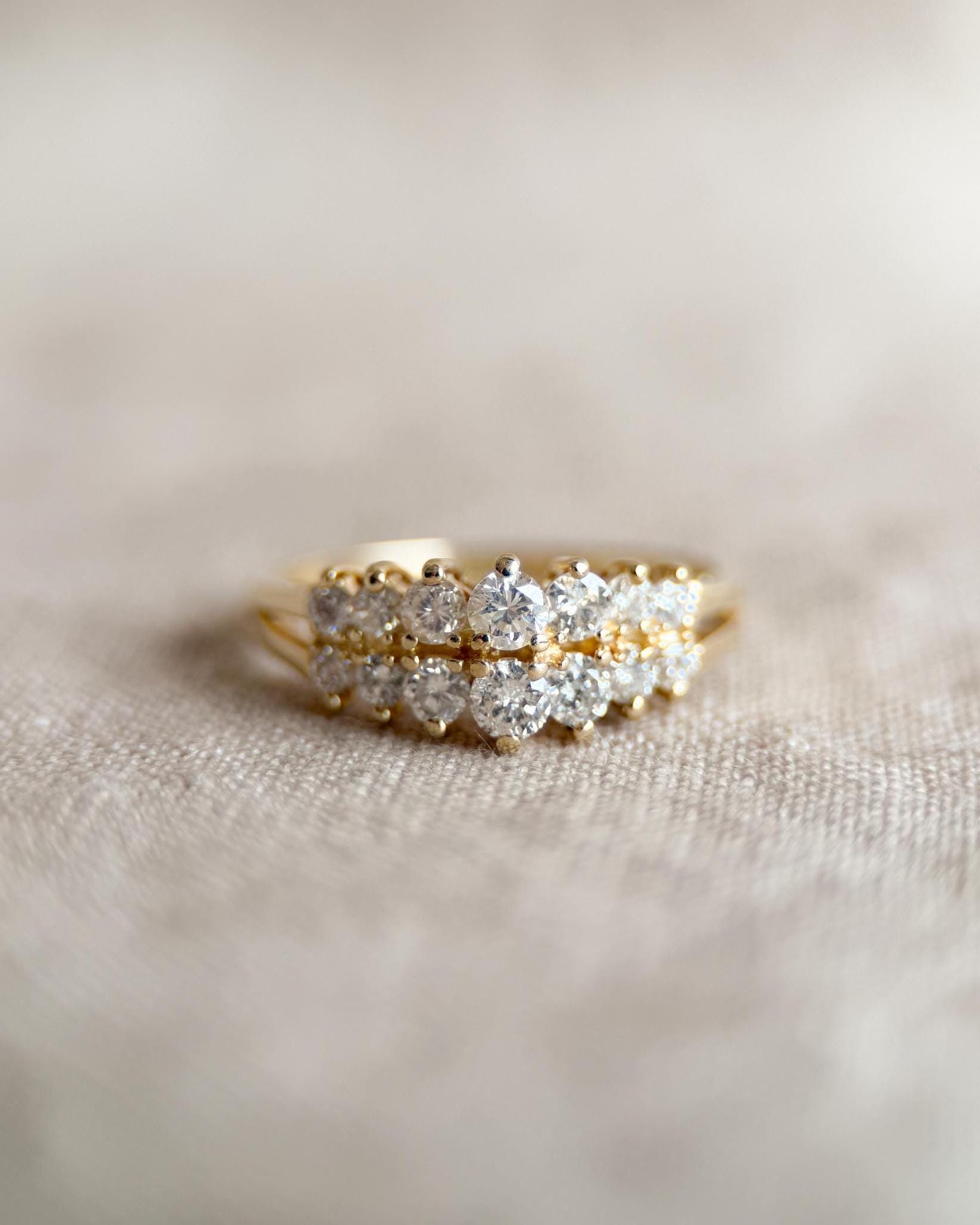 Vintage Diamond Wedding Band, 14k Gold, Round Cut Prong Set, Double Row Anniversary Ring