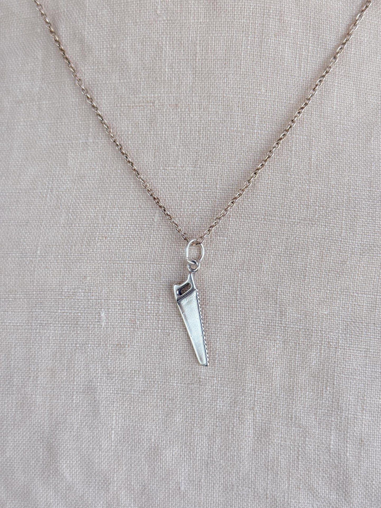 Sterling Silver Hand Saw Charm Pendant, Tool Themed Minimalist Jewelry, Gift for Her