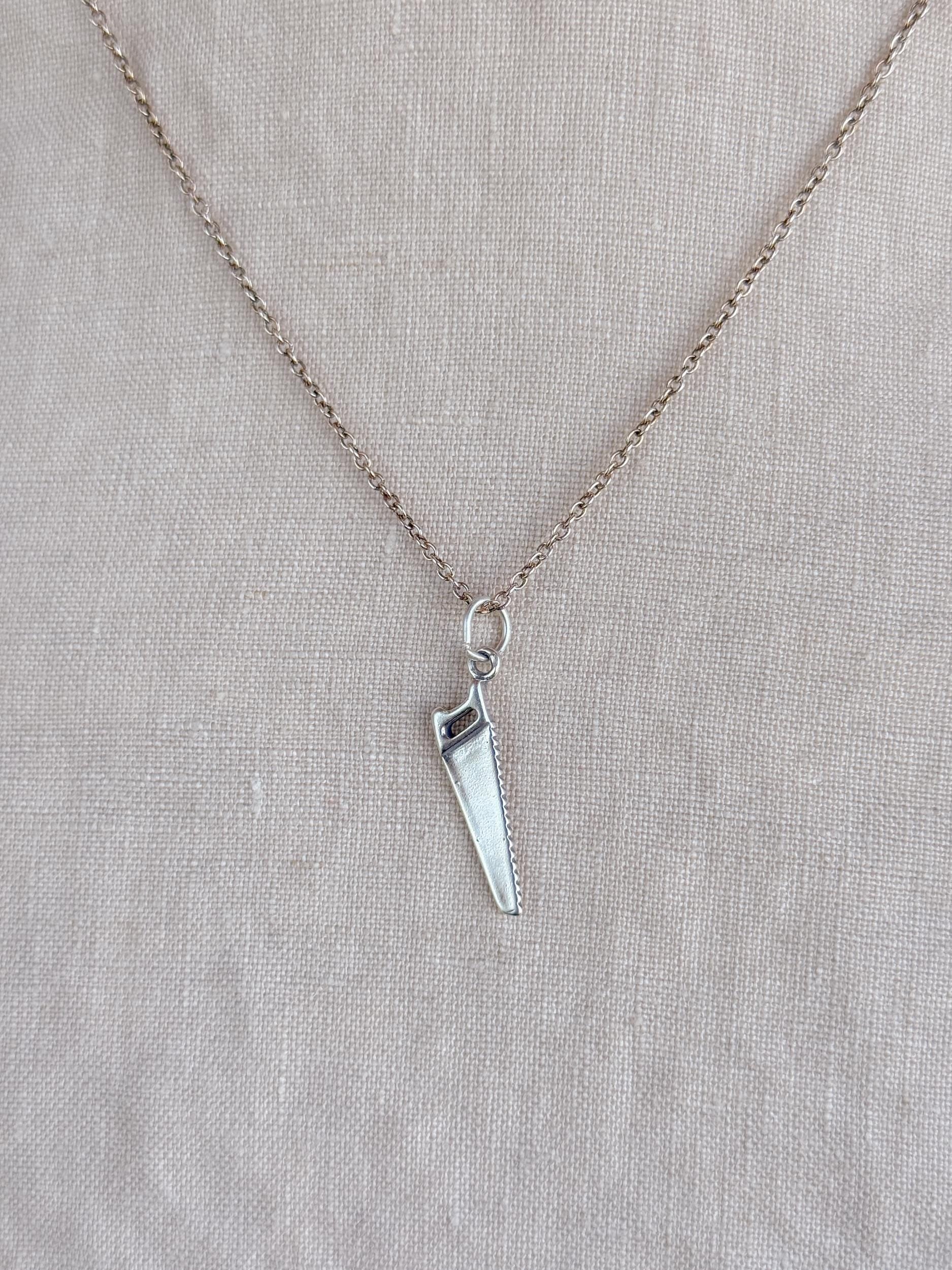 Sterling Silver Hand Saw Charm Pendant, Tool Themed Minimalist Jewelry, Gift for Her