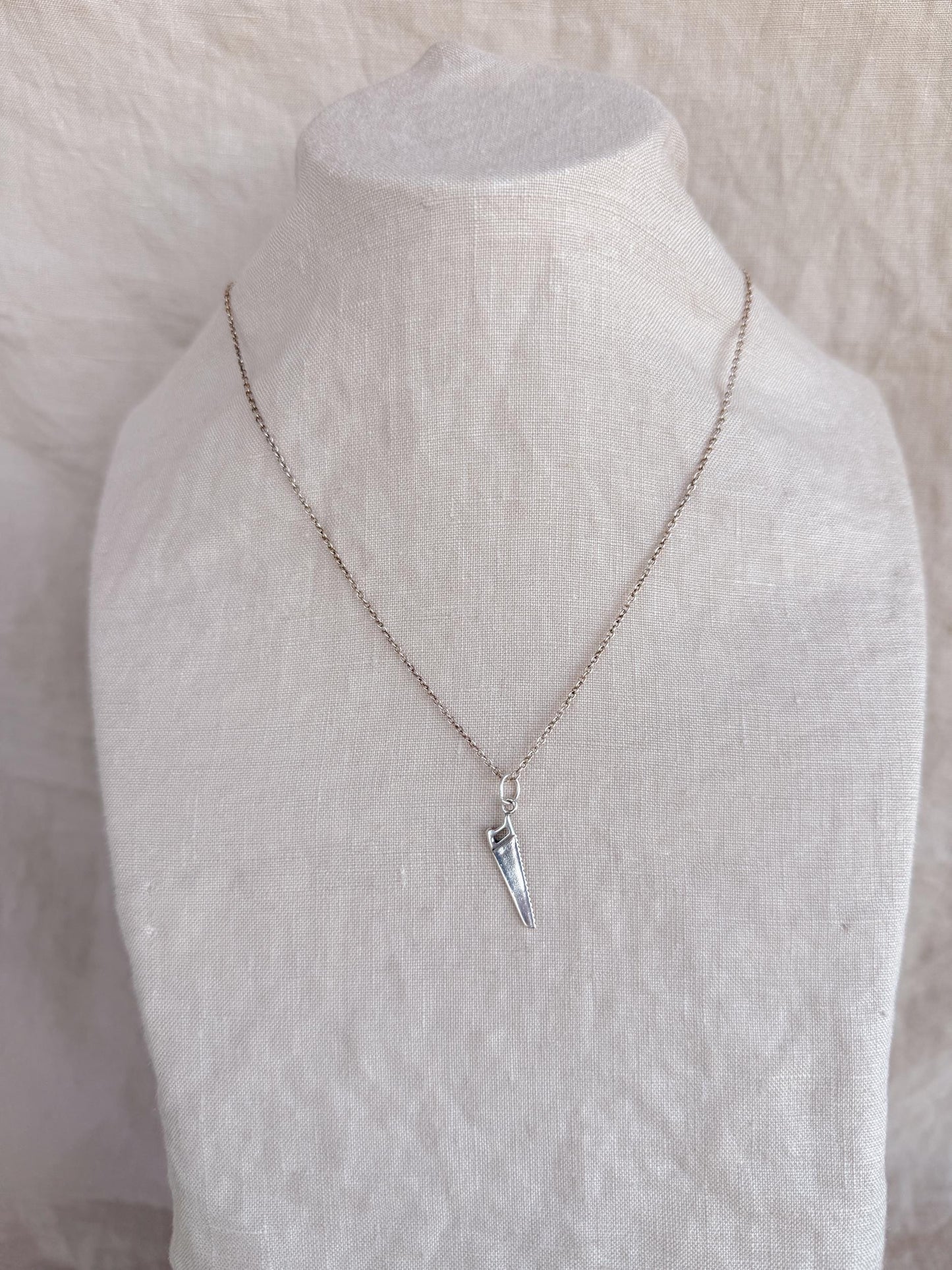 Sterling Silver Hand Saw Charm Necklace, Tool Themed Minimal Layering Jewelry, Gift for Her