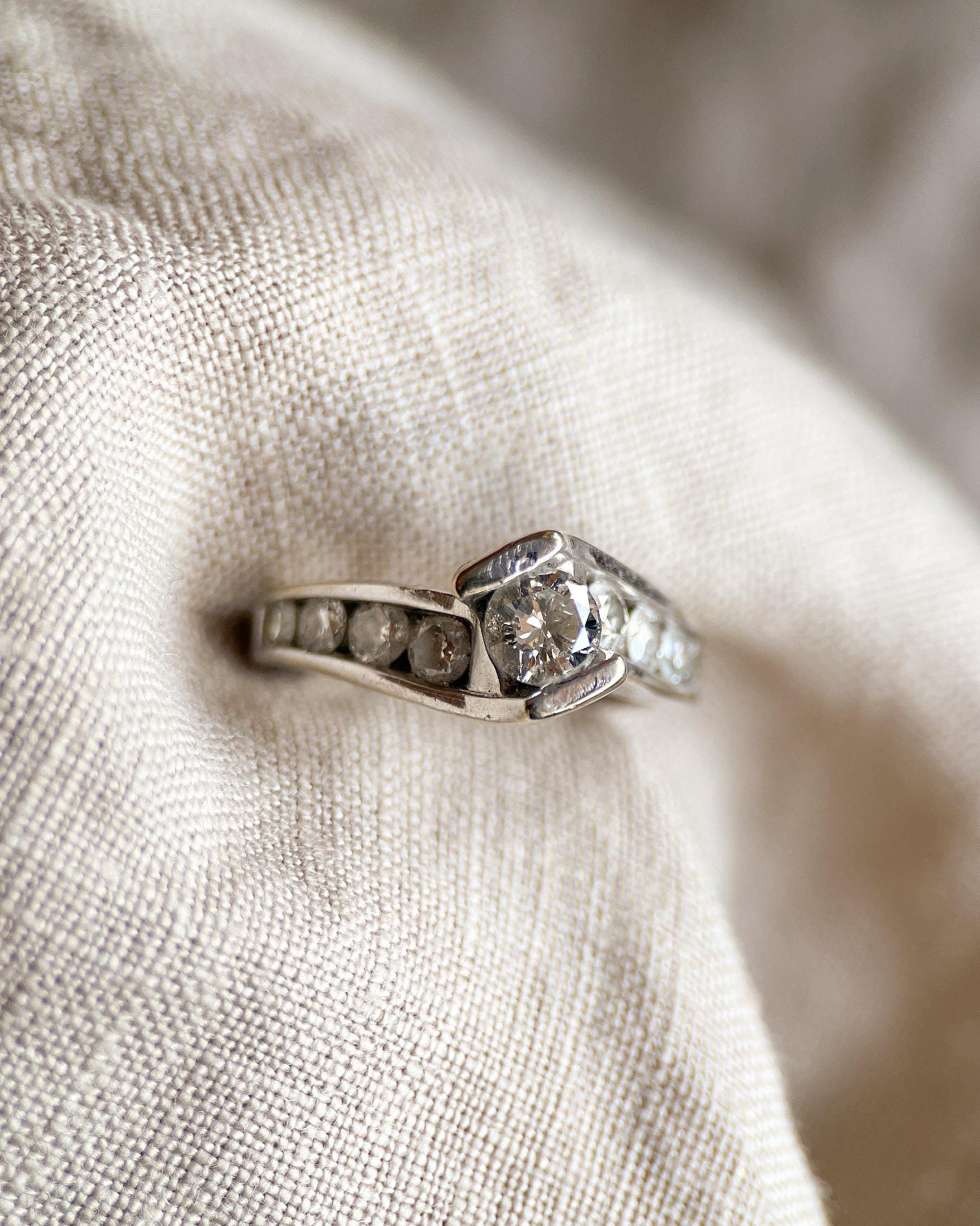 Vintage Diamond Engagement Ring, Round Cut, 14k White Gold, 1990s Swirl Channel Set Design