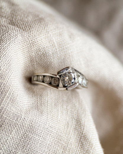 Vintage Diamond Engagement Ring, Round Cut, 14k White Gold, 1990s Swirl Channel Set Design