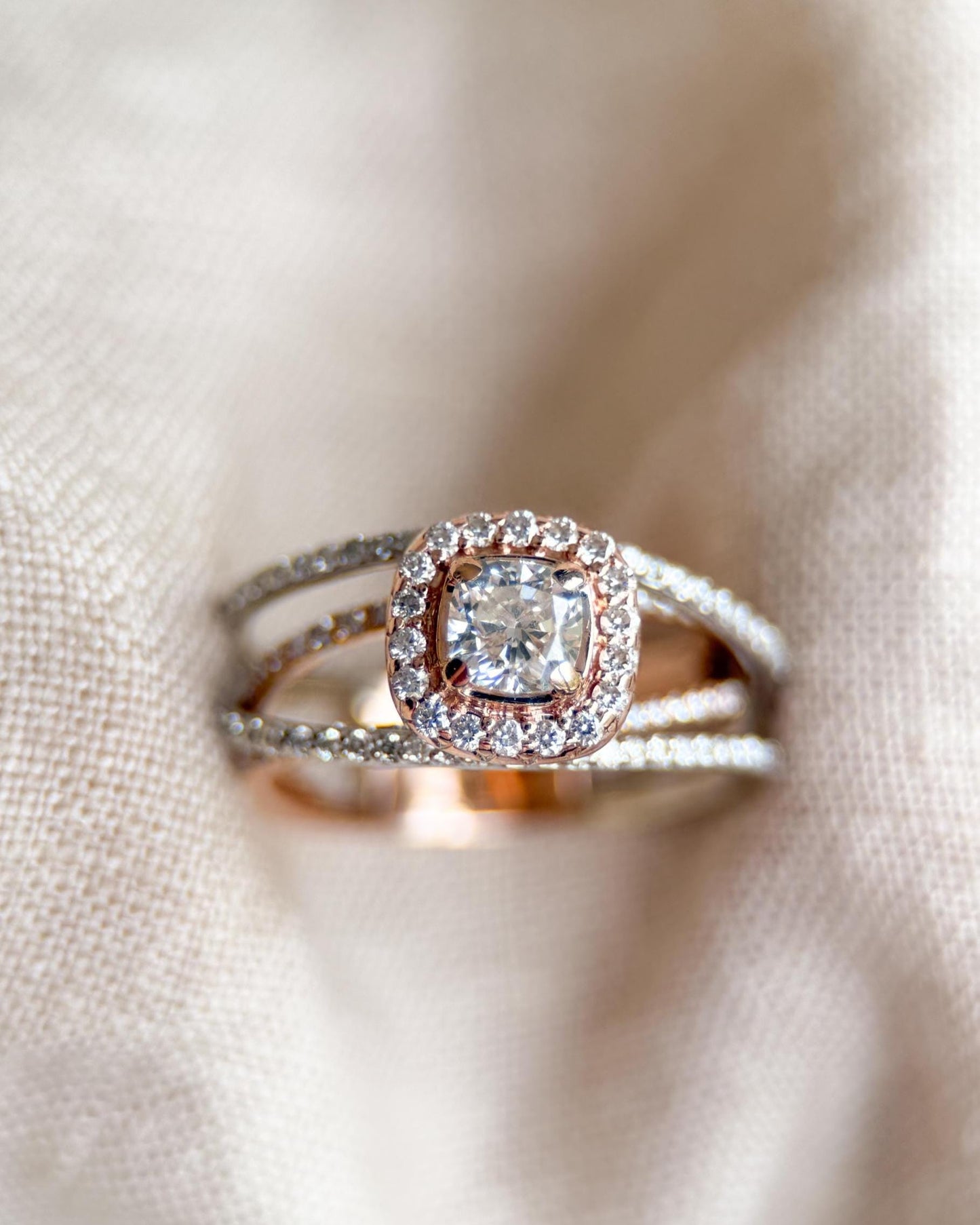 Vintage Diamond Engagement Ring, Cushion Cut, 14k White & Rose Gold, 2000s Criss-Cross Infinity Setting