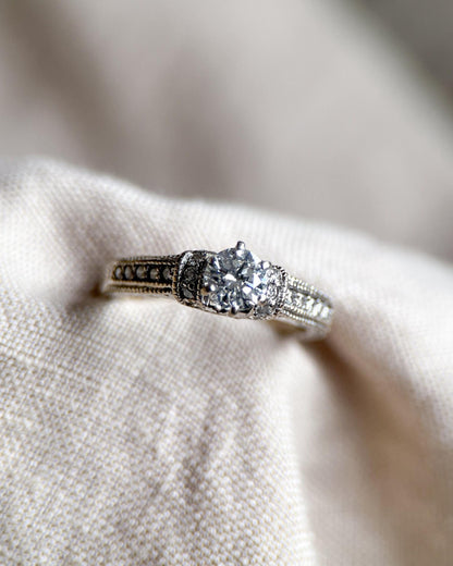 Vintage Diamond Engagement Ring, Round Cut, 18k White Gold, 2000s Ornate Filigree Cathedral