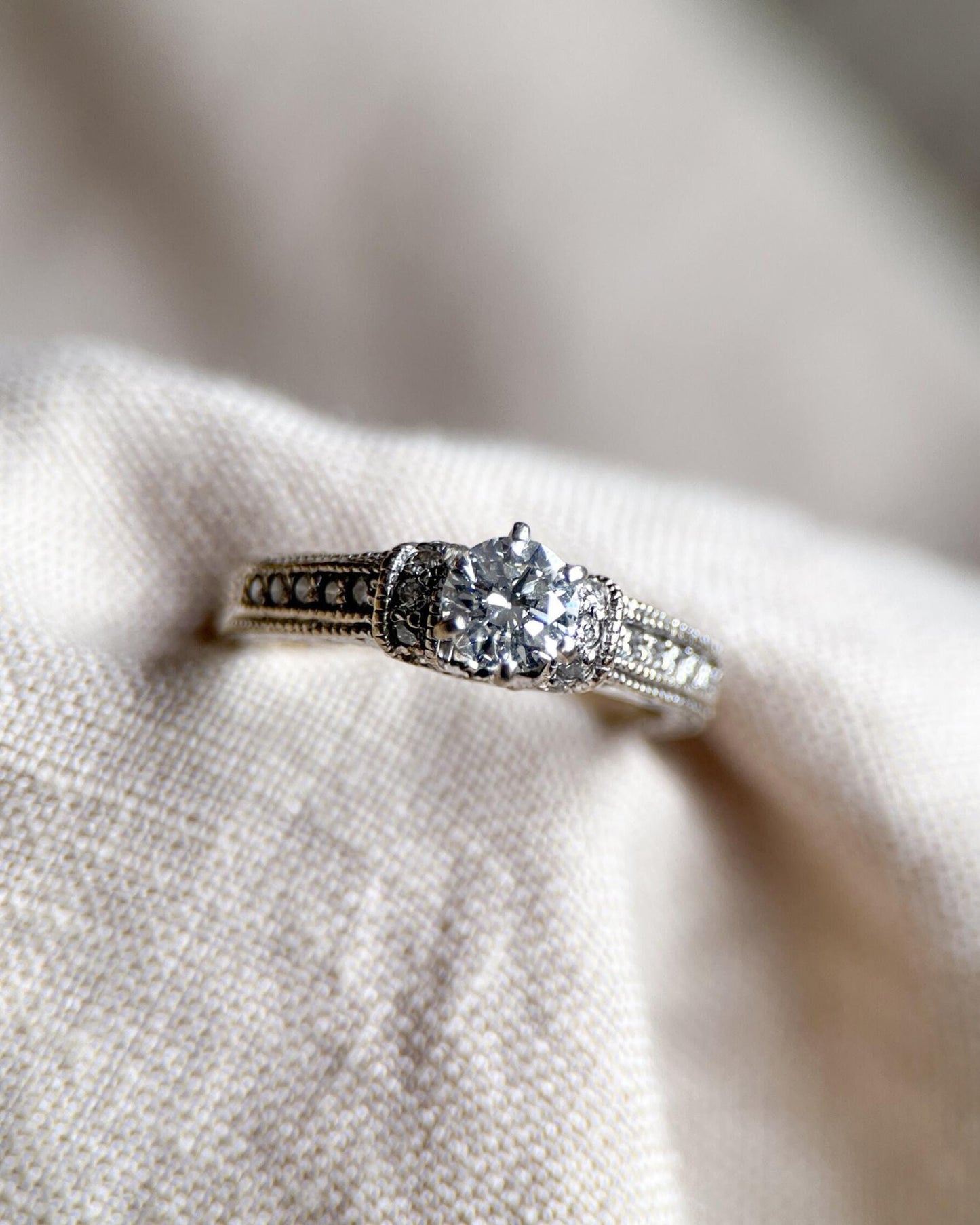 Vintage Diamond Engagement Ring, Round Cut, 18k White Gold, 2000s Ornate Filigree Cathedral