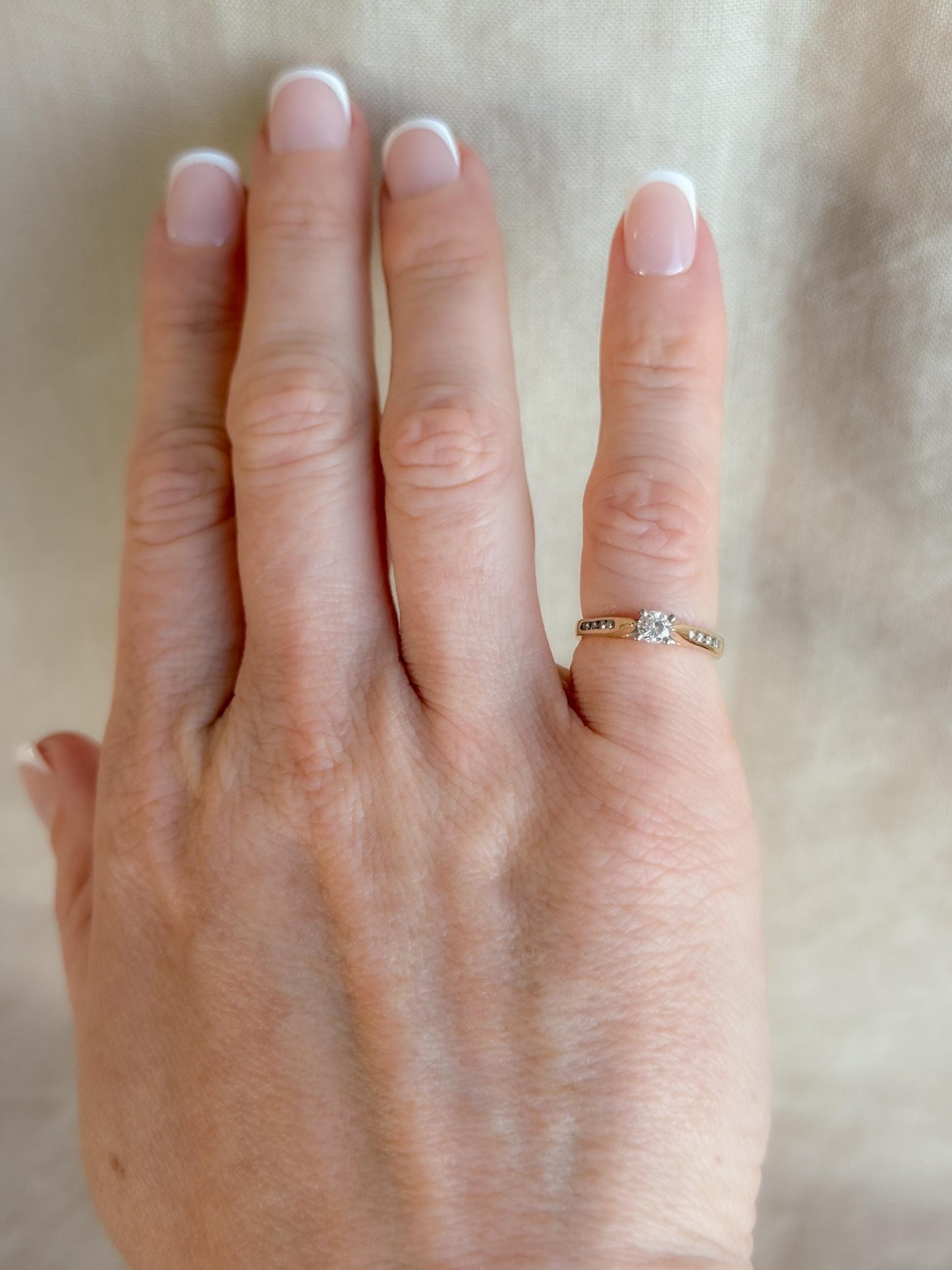 Vintage 1990s Diamond Engagement Ring, 14k Gold Channel Set Cathedral Band • One-of-a-kind Jewelry