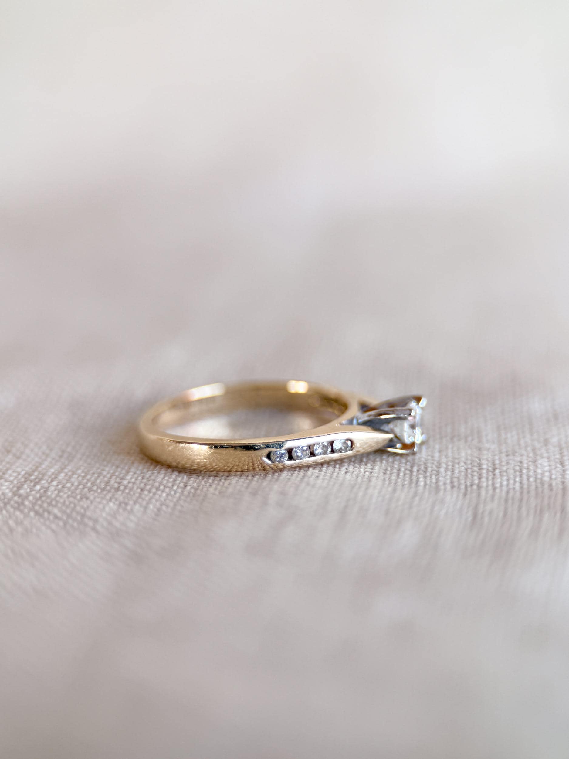 Vintage 1990s Diamond Engagement Ring, 14k Gold Channel Set Cathedral Band • One-of-a-kind Jewelry