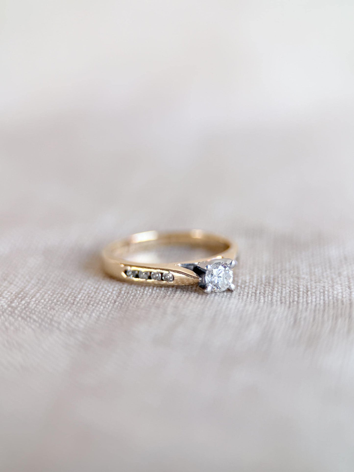 Vintage 1990s Diamond Engagement Ring, 14k Gold Channel Set Cathedral Band • One-of-a-kind Jewelry