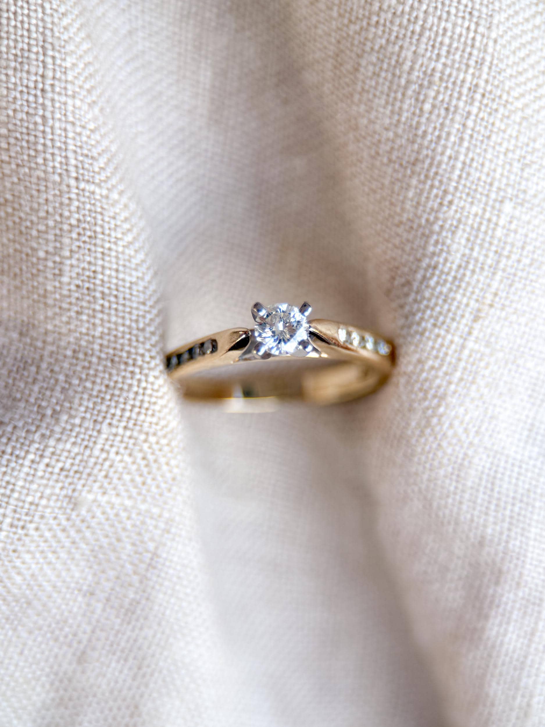 Vintage 1990s Diamond Engagement Ring, 14k Gold Channel Set Cathedral Band • One-of-a-kind Jewelry