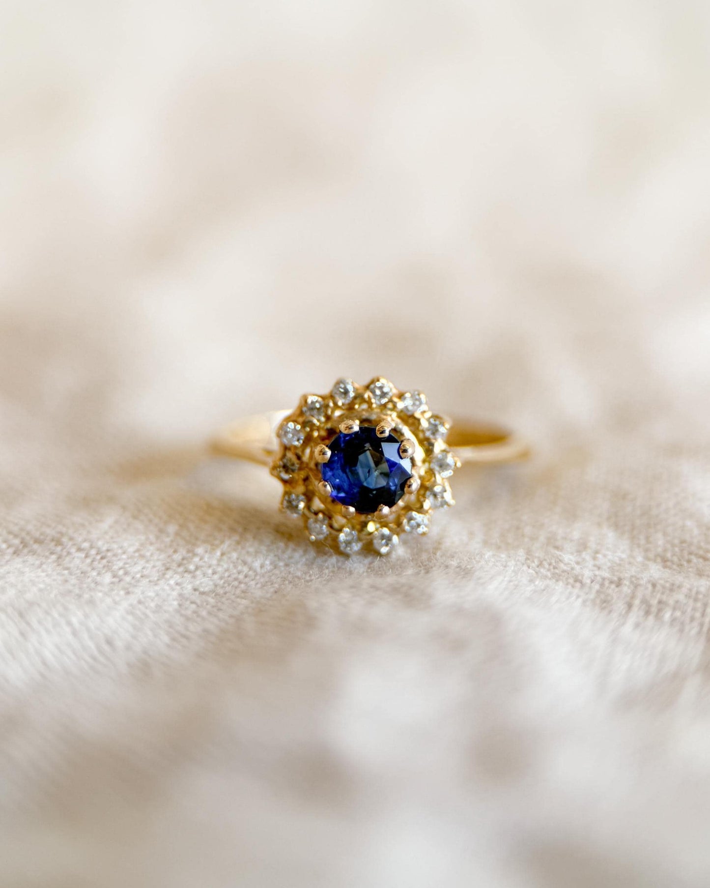 Vintage Sapphire and Diamond Halo Engagement Ring, Round Cut, 14k Gold, Bridal Ring