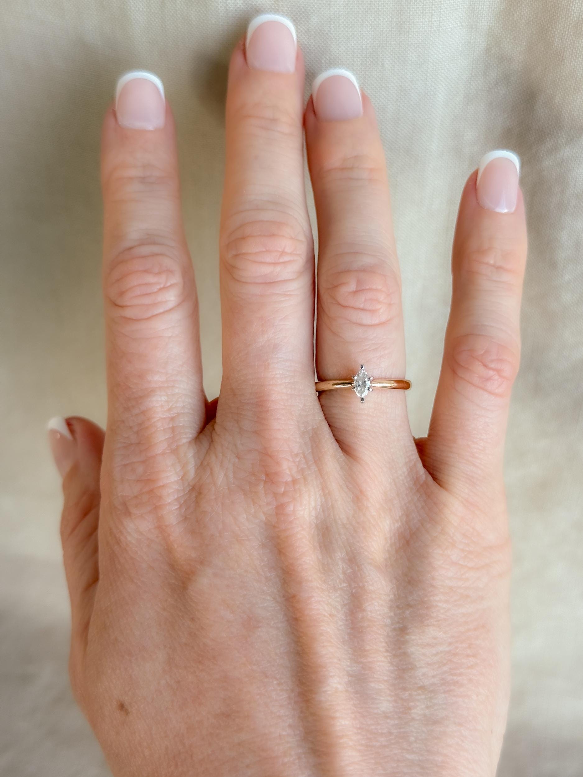 Vintage 1990s Diamond Engagement Ring, 14k Gold Marquise Cut Solitaire Setting • Vintage Fine Jewelry