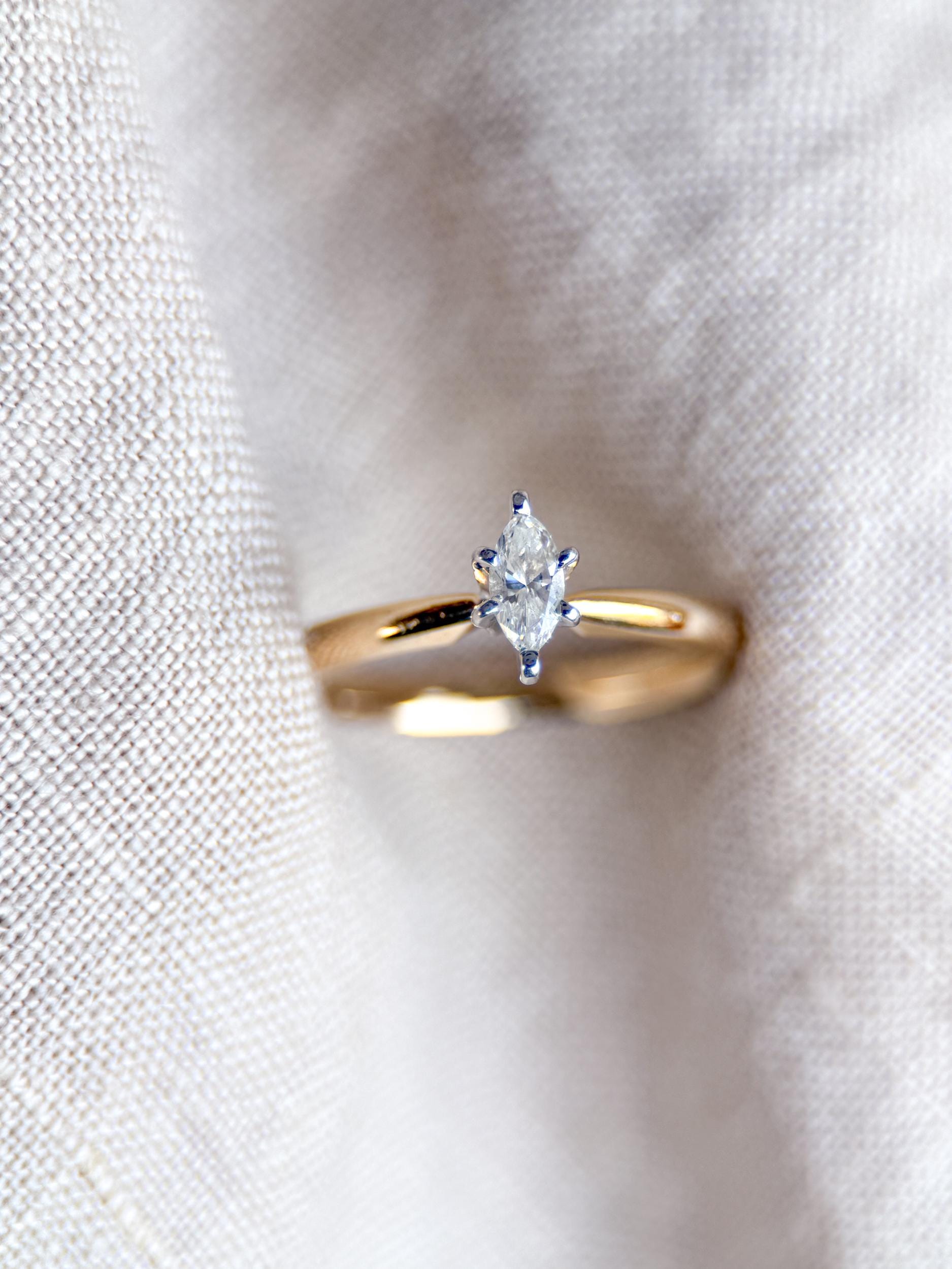 Vintage 1990s Diamond Engagement Ring, 14k Gold Marquise Cut Solitaire Setting • Vintage Fine Jewelry