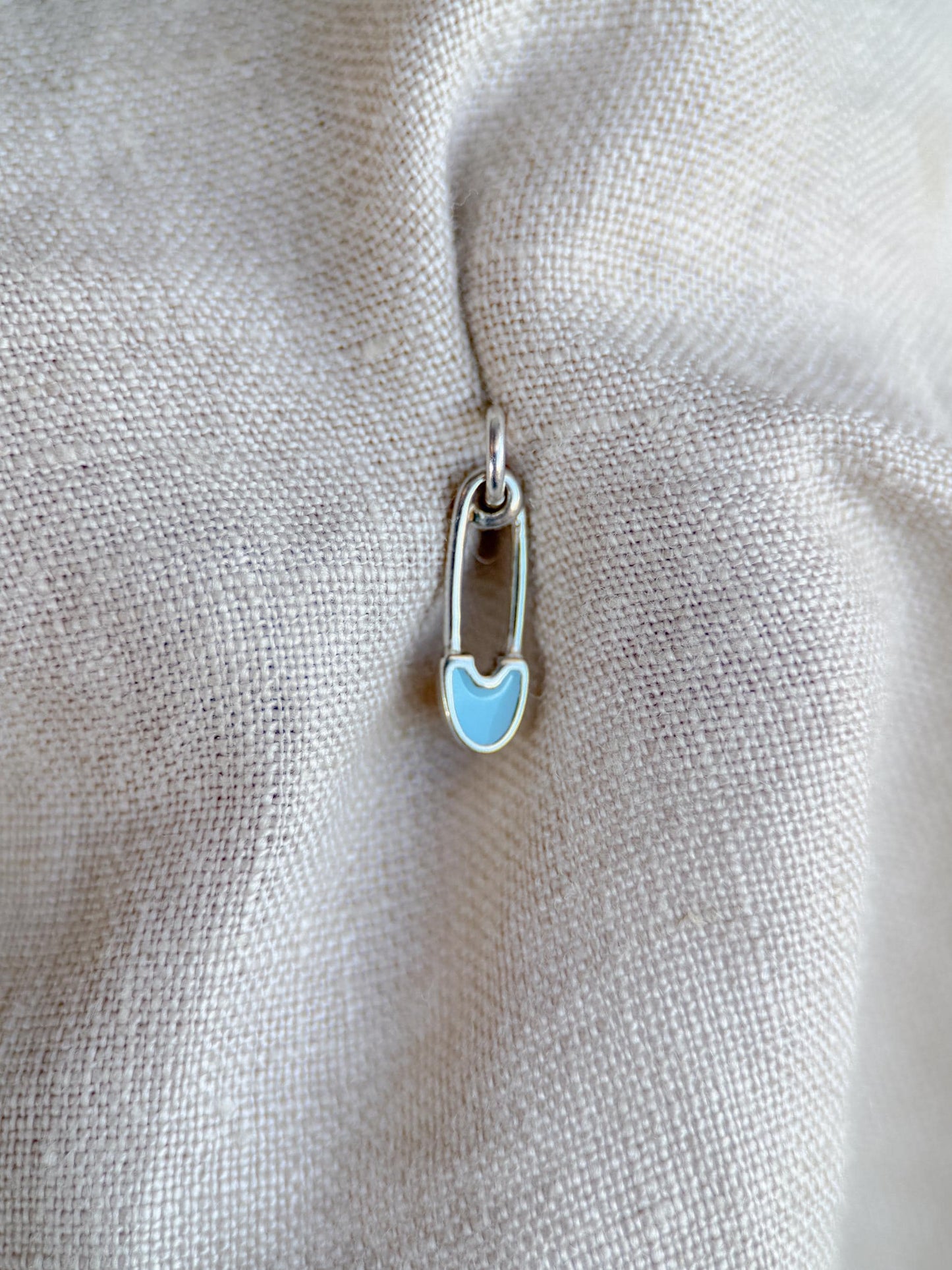Sterling Silver Blue Safety Pin Charm Pendant, Minimalist Edgy Jewelry, Punk Style Charm Gift
