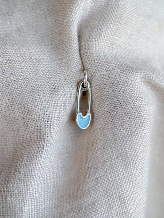 Sterling Silver Blue Safety Pin Charm Pendant, Minimalist Edgy Jewelry, Punk Style Charm Gift