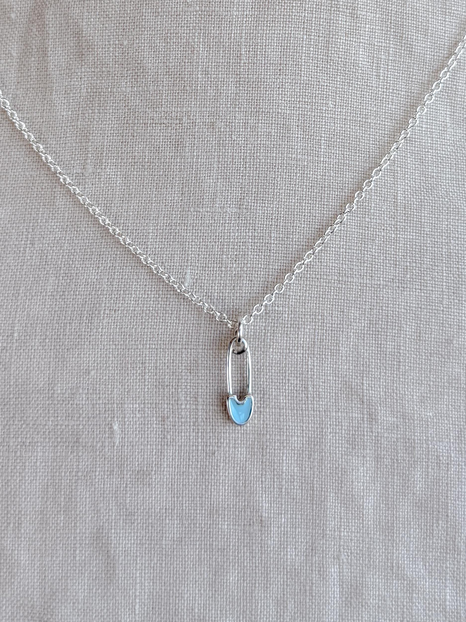 Sterling Silver Blue Safety Pin Charm Necklace, Minimal Punk Layering Jewelry, Gift for Her