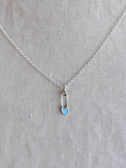 Sterling Silver Blue Safety Pin Charm Necklace, Minimal Punk Layering Jewelry, Gift for Her