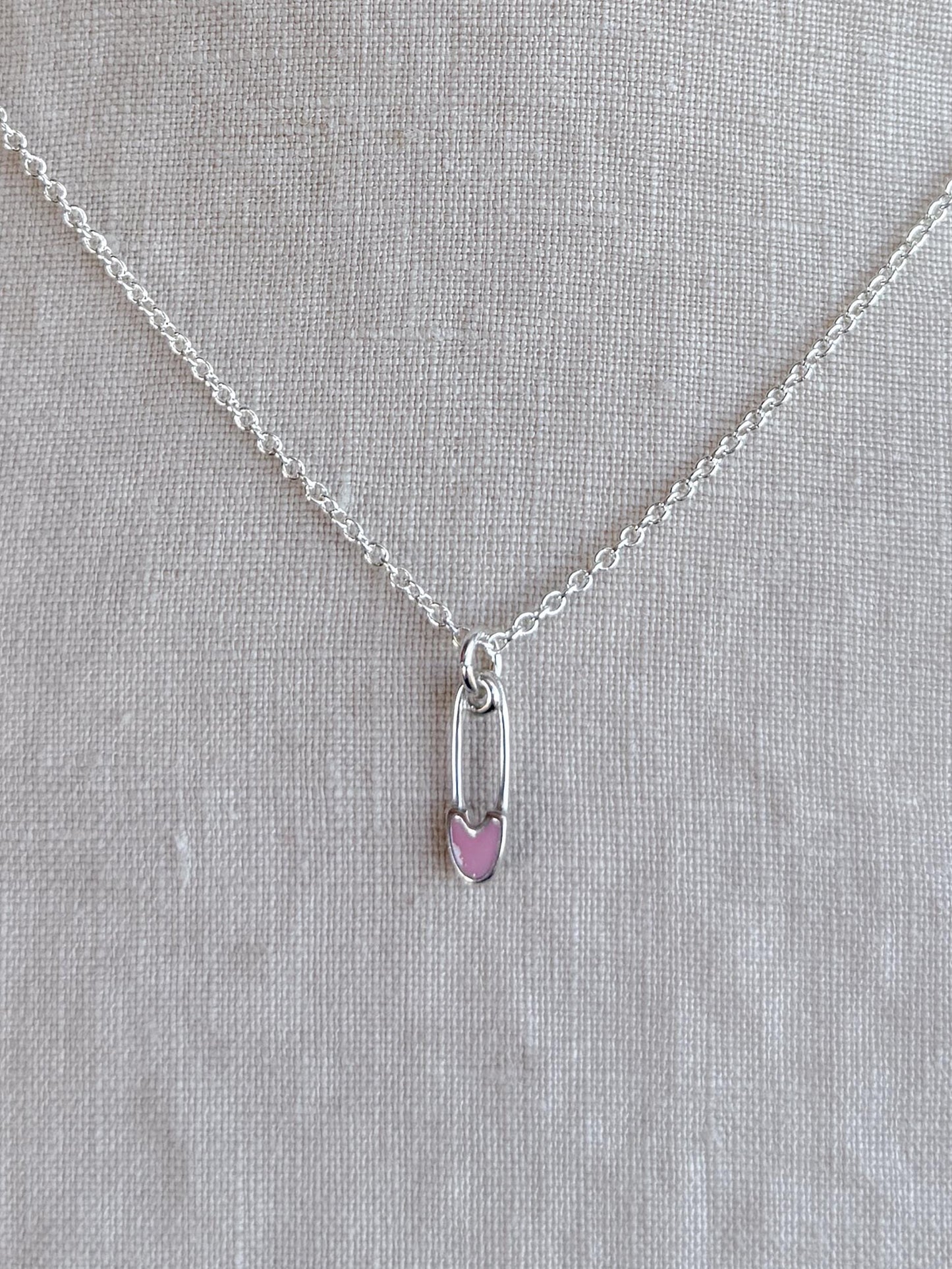 Sterling Silver Pink Safety Pin Charm Necklace, Minimal Punk Layering Jewelry, Gift for Her