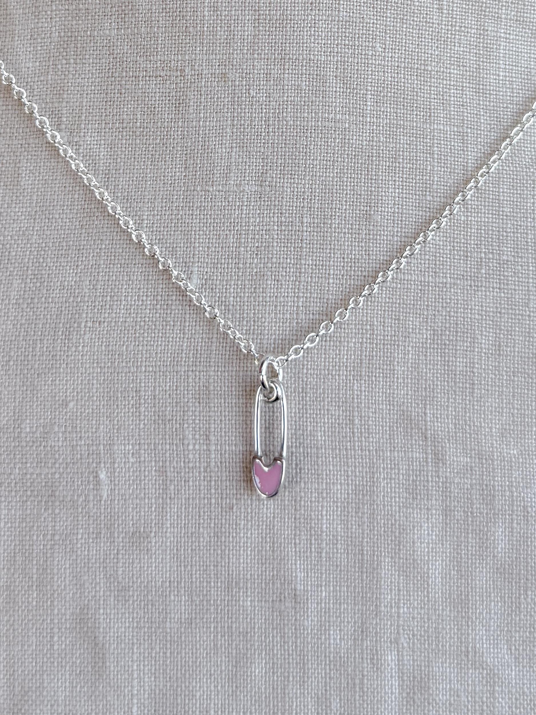 Sterling Silver Pink Safety Pin Charm Necklace, Minimal Punk Layering Jewelry, Gift for Her