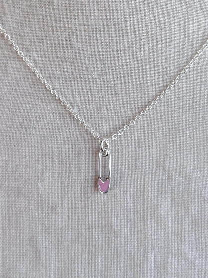 Sterling Silver Pink Safety Pin Charm Necklace, Minimal Punk Layering Jewelry, Gift for Her
