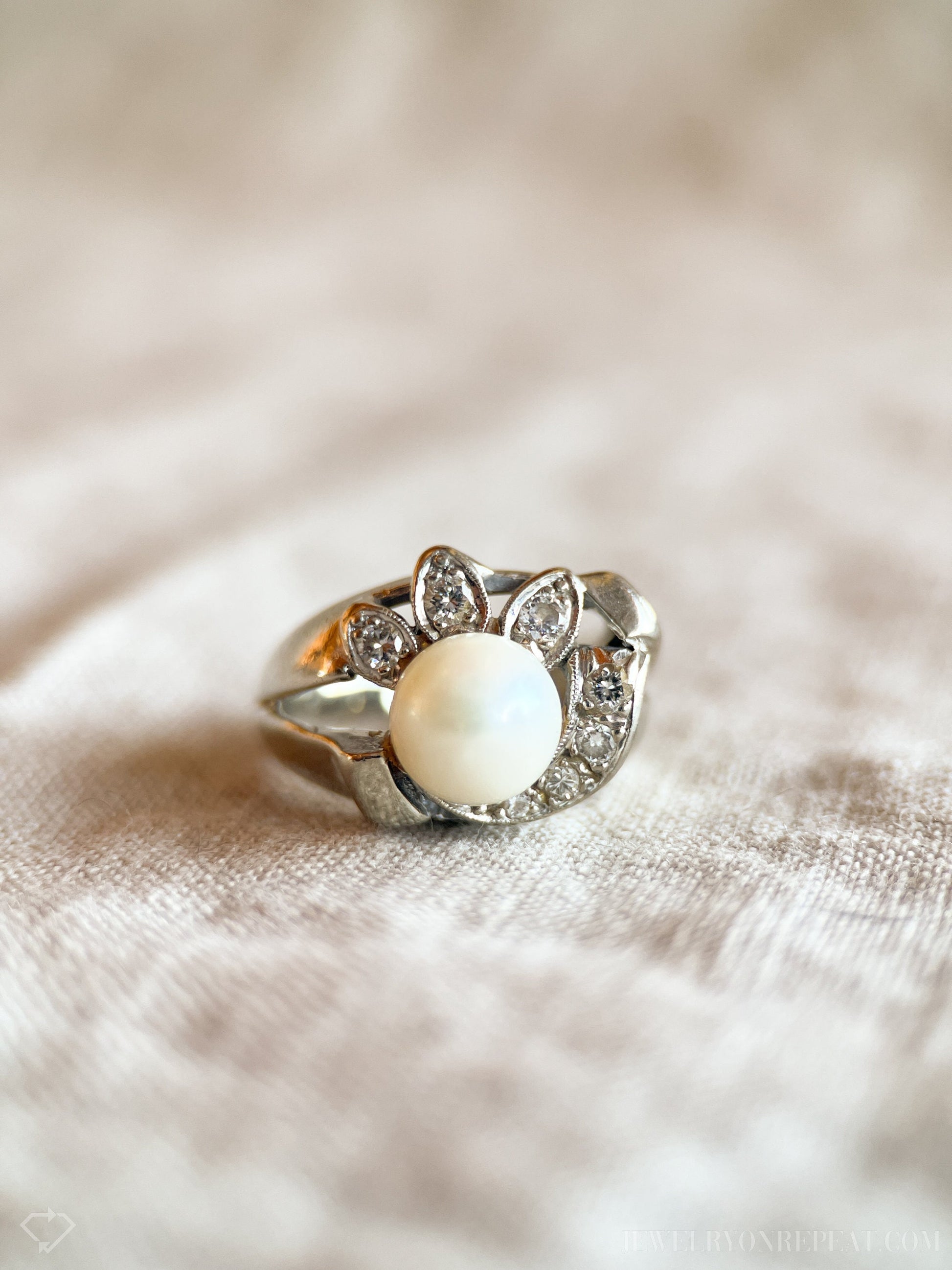 Vintage Pearl and Diamond Engagement Ring, 14k White Gold, 1950s Art Nouveau Bridal Ring