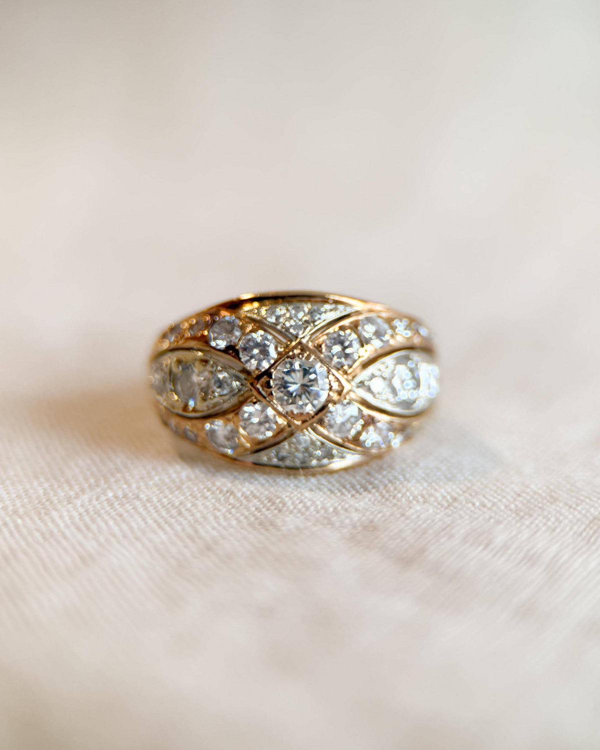 Vintage 1950s Diamond Engagement Ring, 14k Gold Wedding Band, Criss Cross Design • One-of-a-kind Jewelry