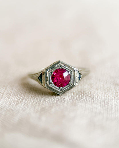 Vintage 1930s Art Deco Ruby Engagement Ring, 18k White Gold Filigree Design • One-of-a-kind Jewelry