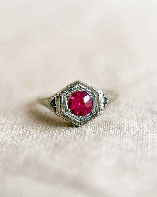 Vintage 1930s Art Deco Ruby Engagement Ring, 18k White Gold Filigree Design • One-of-a-kind Jewelry