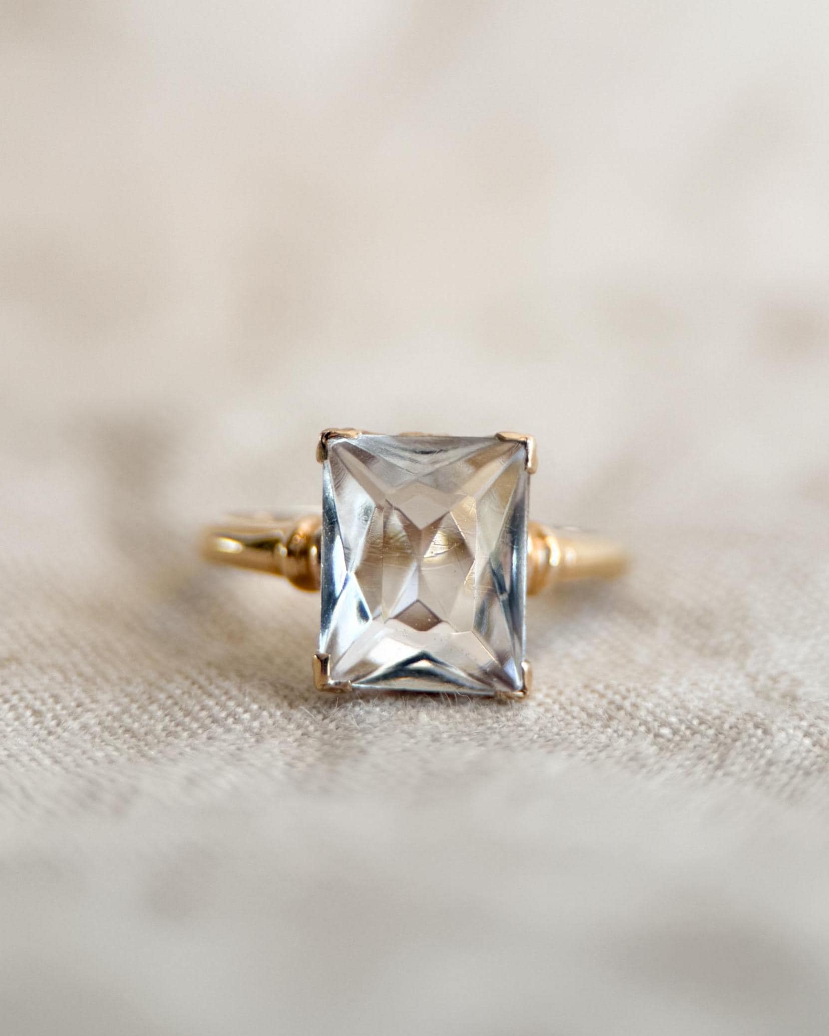 Vintage 1940s White Quartz Engagement Ring, 10k Gold Radiant Cut Gemstone Bridal Jewelry • One-of-a-kind