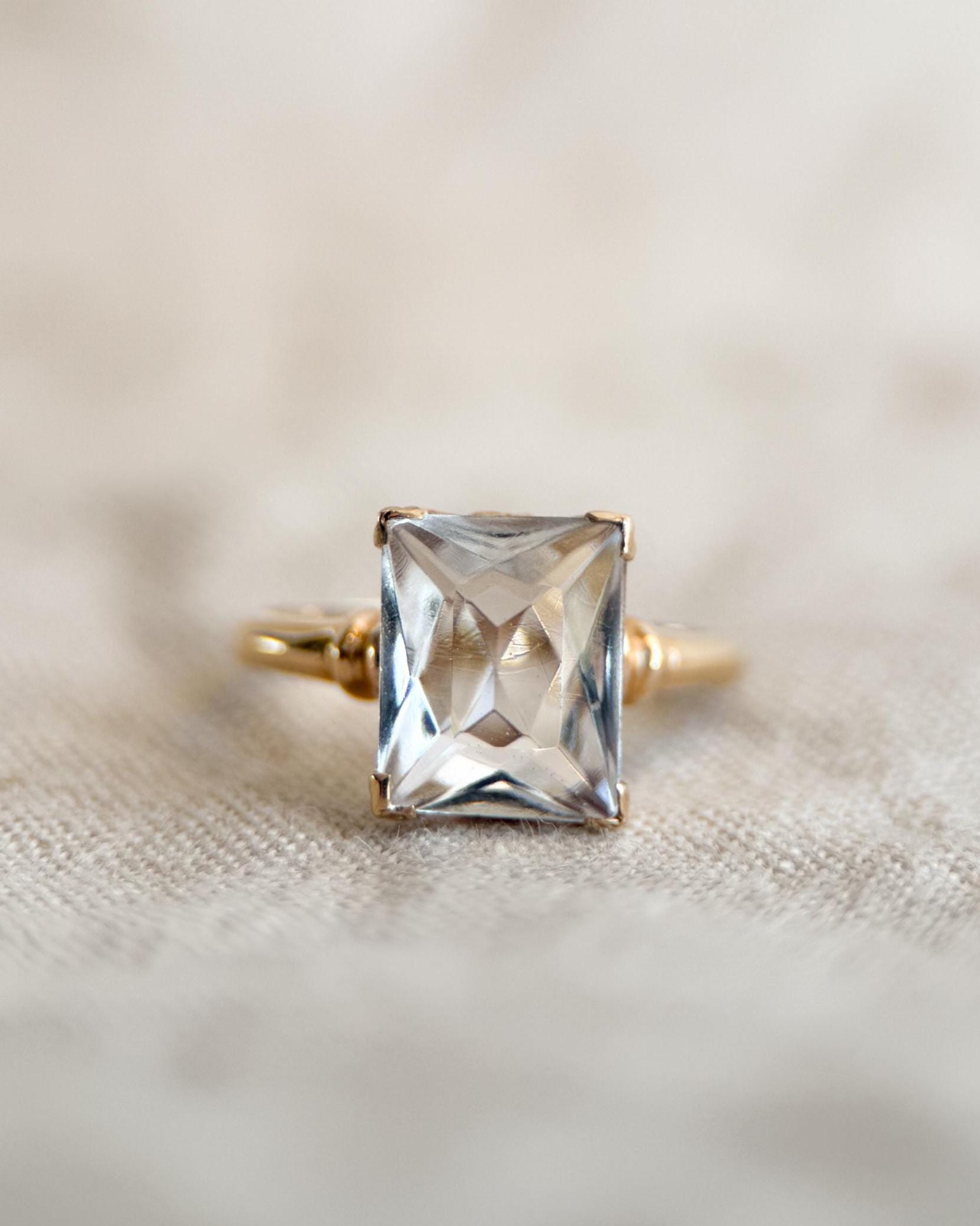 Vintage 1940s White Quartz Engagement Ring, 10k Gold Radiant Cut Gemstone Bridal Jewelry • One-of-a-kind