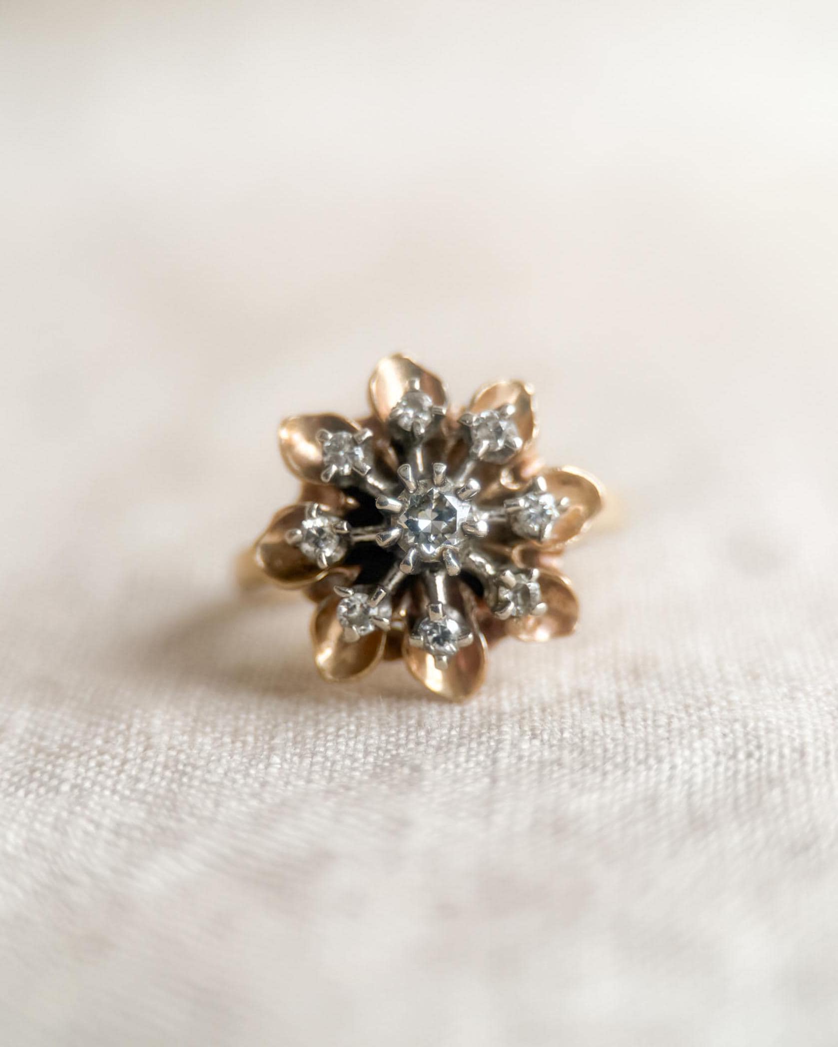 Vintage 1940s Flower Diamond Engagement Ring, 14k Gold Cluster Style Floral Bridal Jewelry • One-of-a-kind