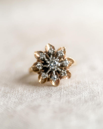Vintage 1940s Flower Diamond Engagement Ring, 14k Gold Cluster Style Floral Bridal Jewelry • One-of-a-kind